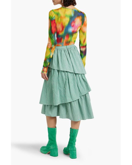 Shrimps Green Lorena Tiered Gingham Cotton-jacquard Midi Skirt