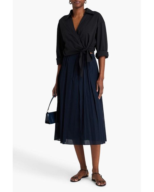 Theory Blue Pleated Striped Cotton-Voile Midi Skirt