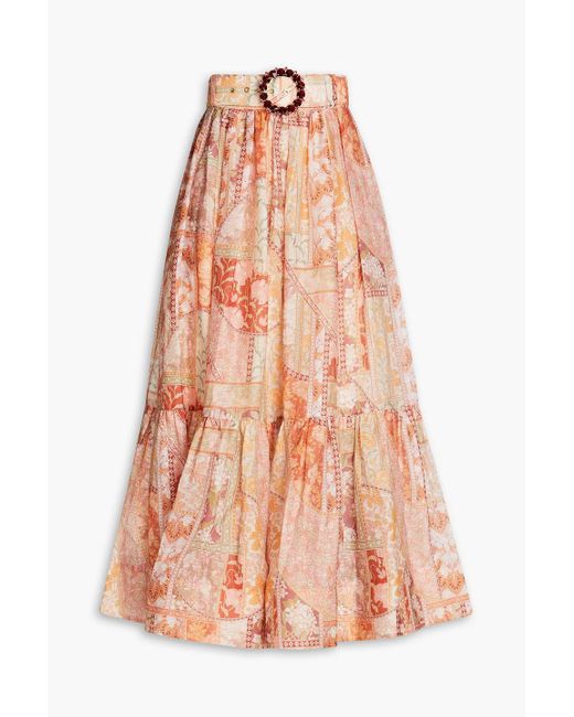 Zimmermann Pink Belted Printed Linen And Silk-blend Gauze Midi Skirt