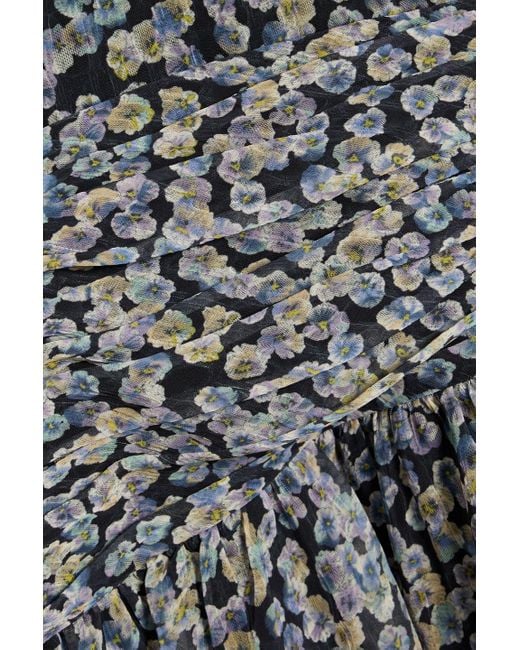 Mikael Aghal Gray Gathered Floral-Print Chiffon Midi Dress