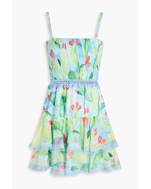 Charo Ruiz Green Hydra Crochet-trimmed Printed Cotton-blend Mini Dress