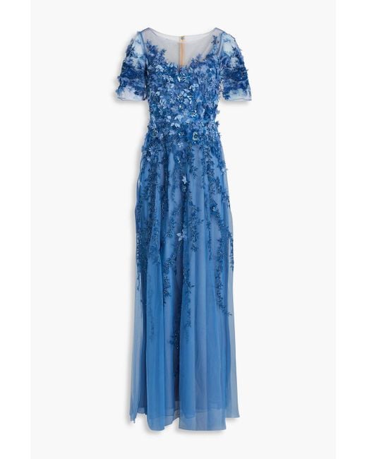 THEIA Blue Embellished Tulle Gown