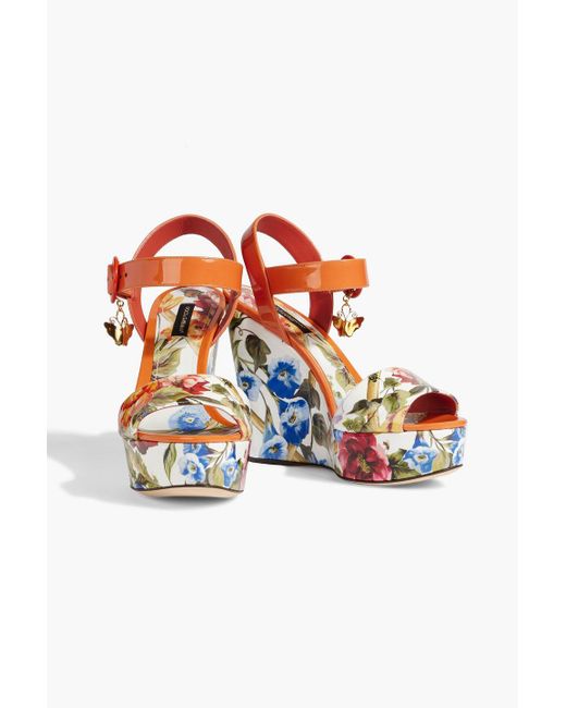 Dolce & Gabbana Orange Floral-print Patent-leather Wedge Sandals