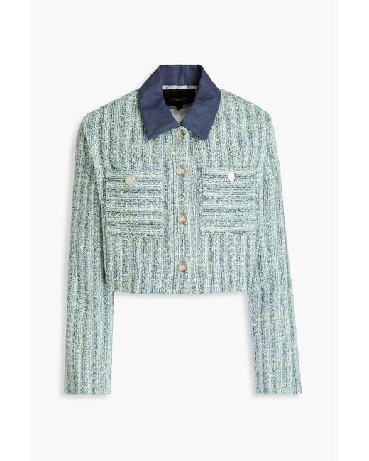 Maje Blue Cropped Metallic Tweed Jacket