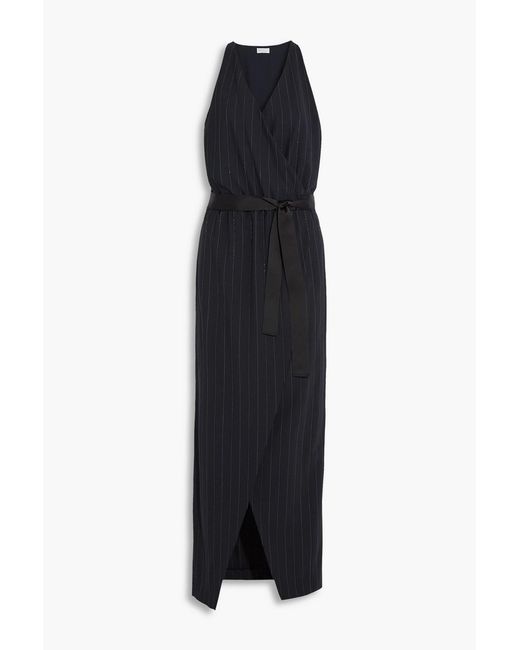Brunello Cucinelli Black Wrap-effect Embellished Pinstriped Wool-blend Crepe Maxi Dress