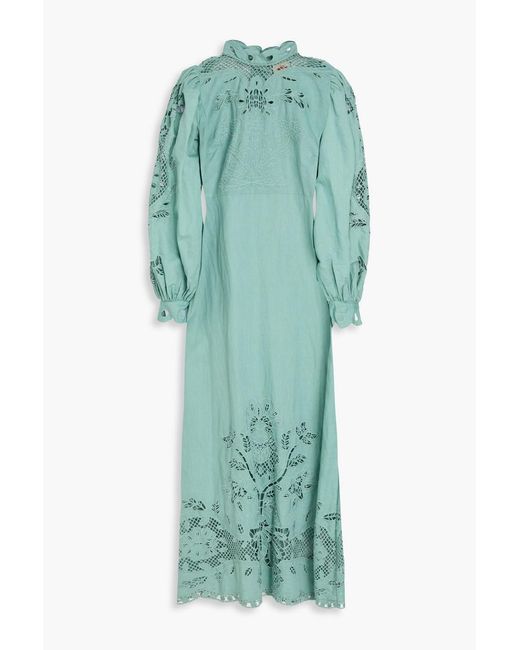 Farm Rio Green Broderie Anglaise Linen And Cotton-Blend Midi Dress