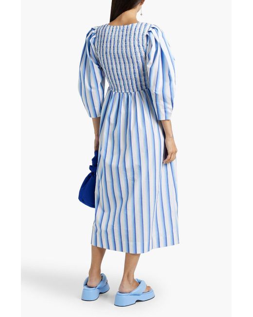 Ganni Blue Shirred Striped Cotton-poplin Midi Dress