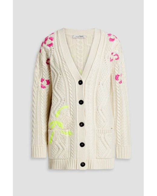 Valentino Garavani Natural Embroidered Cable-knit Wool And Cashmere-blend Cardigan