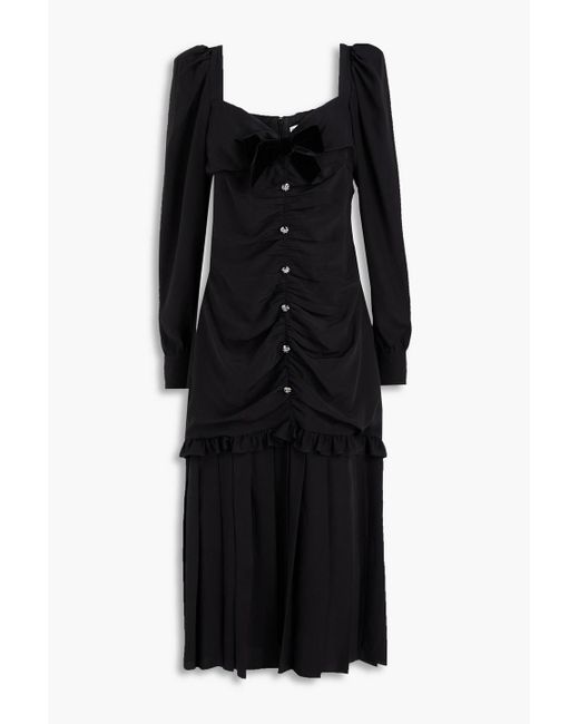 Alessandra Rich Black Midikleid aus crêpe de chine aus seide mit raffungen und schleife