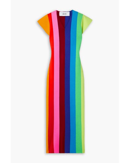 Christopher John Rogers Blue Striped Terry-paneled Knitted Midi Dress
