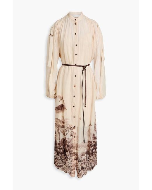 Zimmermann Natural Belted Floral-Print Ramie Midi Shirt Dress