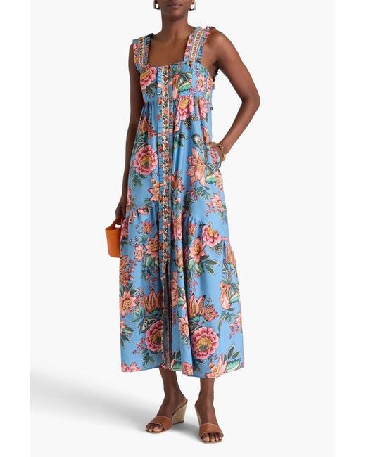 Farm Rio Blue Floral-print Tm And Cotton-blend Poplin Midi Dress