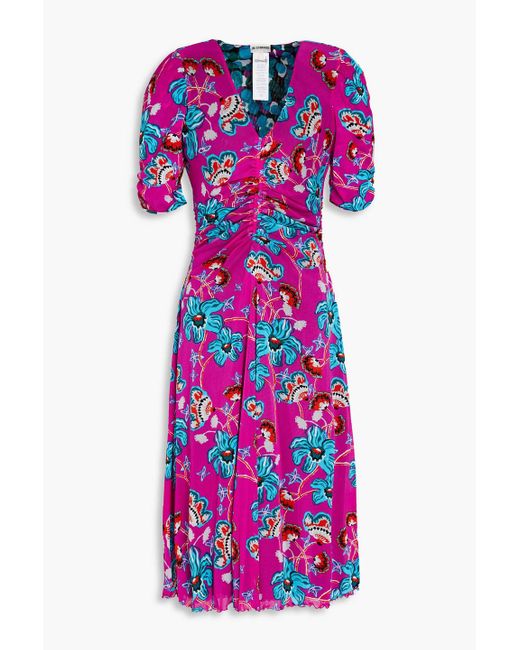 Diane von Furstenberg Purple Koren Reversible Ruched Floral-print Stretch-mesh Dress