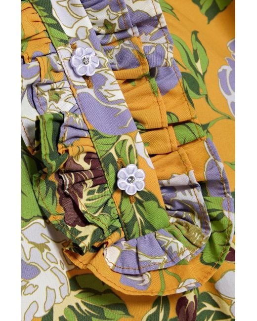 Farm Rio Yellow Ruffled Floral-Print Cotton-Broadcloth Mini Dress