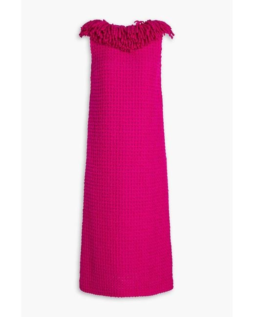 LIBEROWE Pink Fringed Wool Bouclé-Tweed Midi Dress