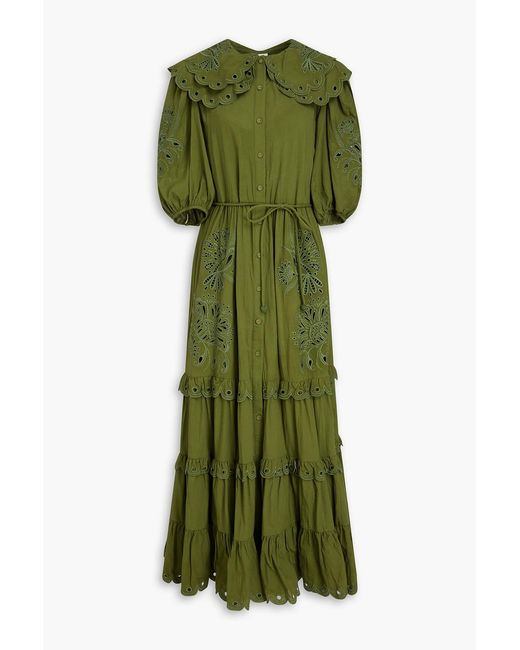 Farm Rio Green Richelieu Tiered Broderie Anglaise Cotton Maxi Shirt Dress