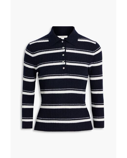 Vince Blue Striped Ribbed Cashmere-blend Polo Sweater