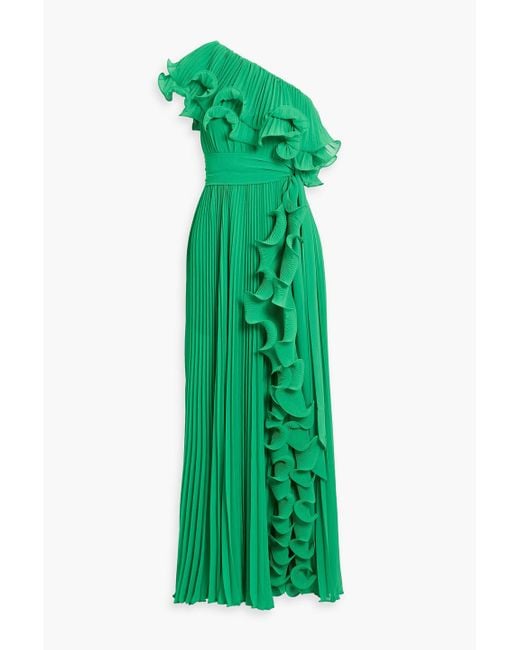 Badgley Mischka Green One-Shoulder Ruffled Plissé-Georgette Gown