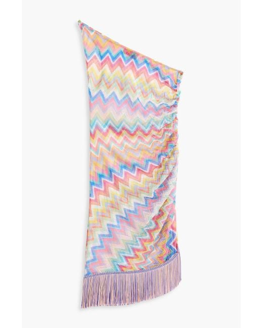 missoni one-shoulder fringed striped crochet-knit mini dress Missoni One-Shoulder Fringed Crochet-Knit Mini Dress in White