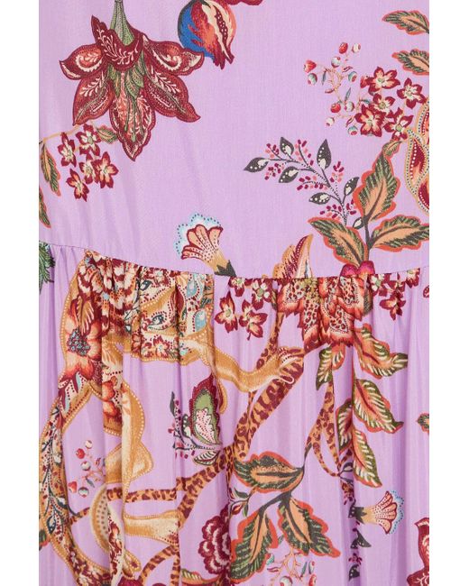 Farm Rio Purple Gestuftes midikleid aus einer baumwollmischung mit floralem print