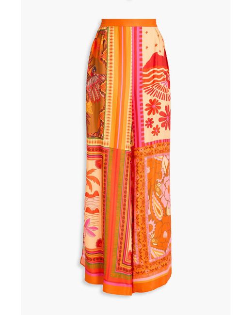 Farm Rio Orange Printed Crepe De Chine Wide-Leg Pants