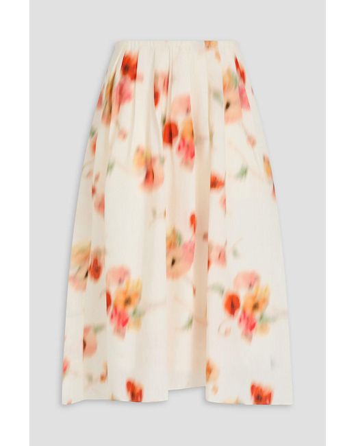 Vince Orange Floral-print Slub Woven Midi Skirt