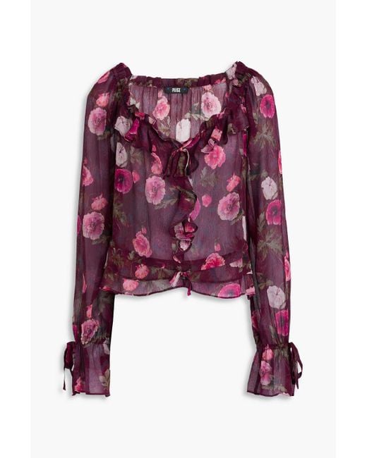 PAIGE Red Lanea Ruffled Floral-Print Silk-Crepon Blouse