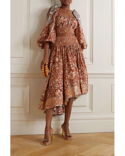 Zimmermann Brown Chintz Cropped Floral-print Silk Crepe De Chine Top