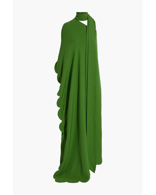 Valentino Garavani Green One-sleeve Scalloped Silk-blend Crepe Gown