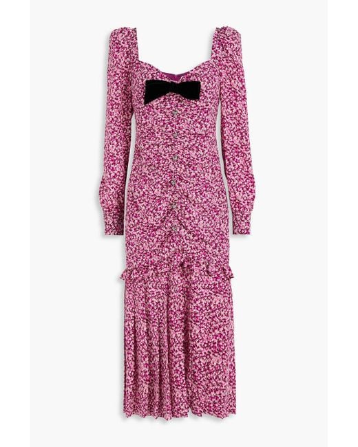 Alessandra Rich Purple Bow-detailed Ruched Floral-print Silk Crepe De Chine Midi Dress