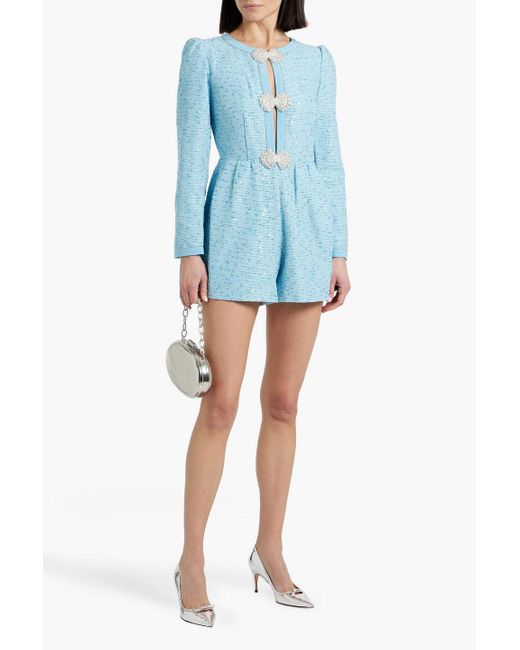 Saloni Blue Camille Cutout Embellished Cotton-Blend Tweed Playsuit