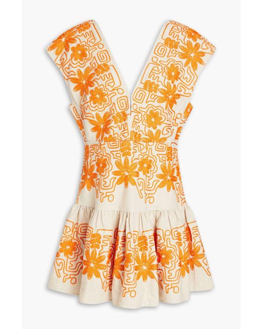 Maje Orange Embroidered Cotton And Linen-blend Mini Dress