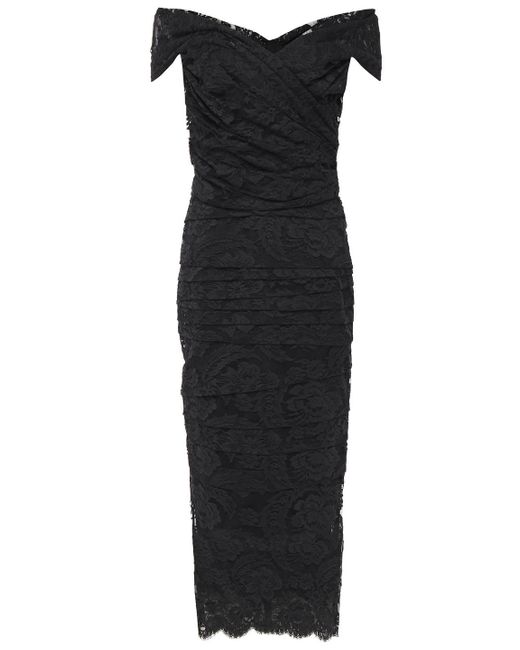 Dolce & Gabbana Black Off-the-shoulder Pleated Lace Midi Dress