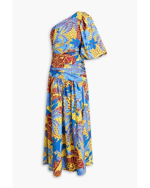 Farm Rio Blue One-sleeve Printed Taffeta Maxi Dress