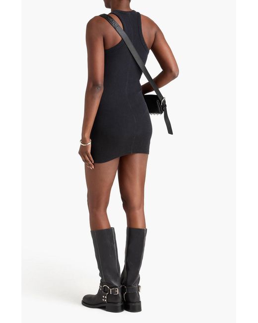 T By Alexander Wang Black Distressed Ribbed Cotton-Blend Jersey Mini Dress