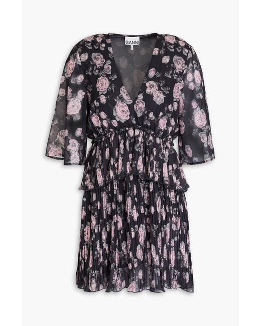Ganni Gray Tiered Floral-Print Chiffon Mini Dress