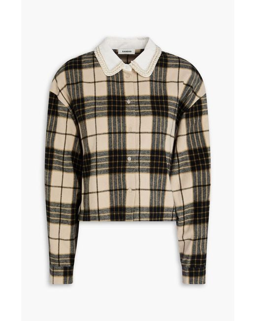 Sandro Black Embellished Poplin-Trimmed Checked Cotton-Flannel Shirt