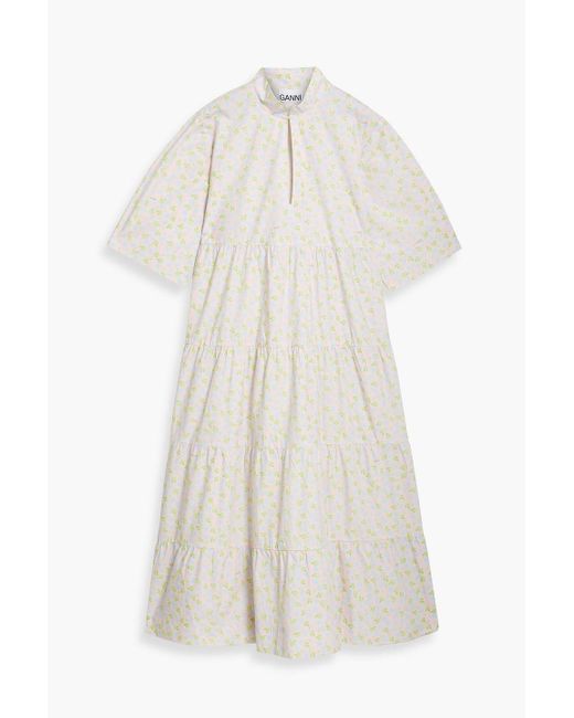 Ganni White Tiered Floral-print Cotton-poplin Midi Dress