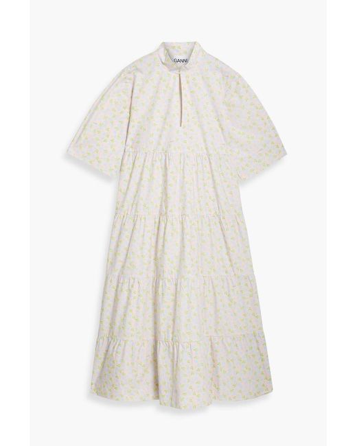 Ganni White Tiered Floral-print Cotton-poplin Midi Dress