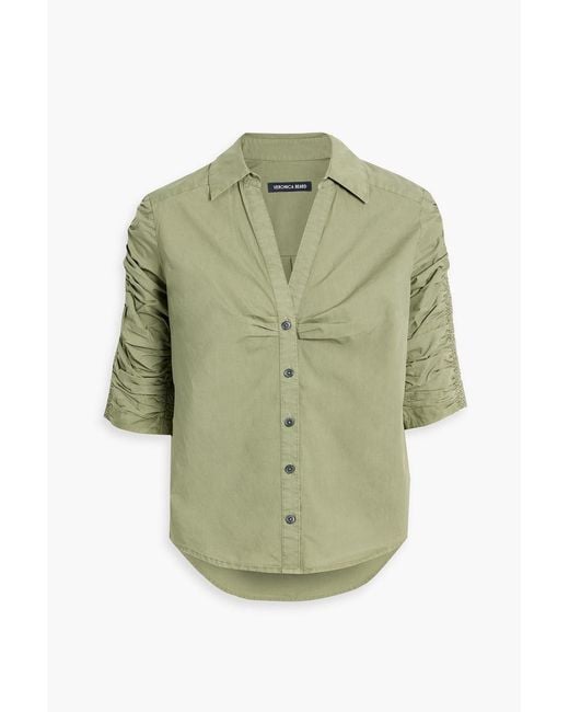 Veronica Beard Green Porta Ruched Cotton-Poplin Shirt