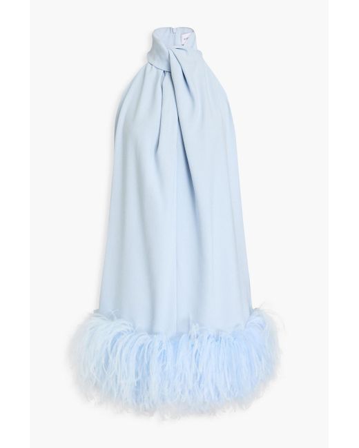 16arlington blue feather dress LAPOINTE Satin Draped Neck Bias Dress With Feathers main image 0