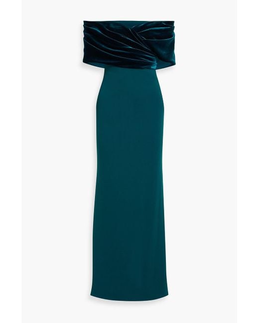 Badgley Mischka Green Draped Velvet And Crepe Gown