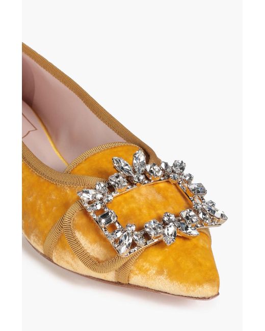 Roger Vivier Yellow Rv Broche Embellished Velvet Point-toe Flats