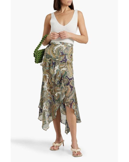 Veronica Beard Green Trixie Asymmetric Paisley-print Silk-chiffon Midi Skirt