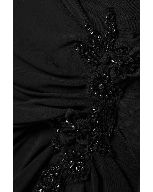 Marchesa Black Bead-Embellished Appliquéd Ruched Stretch-Jersey Gown