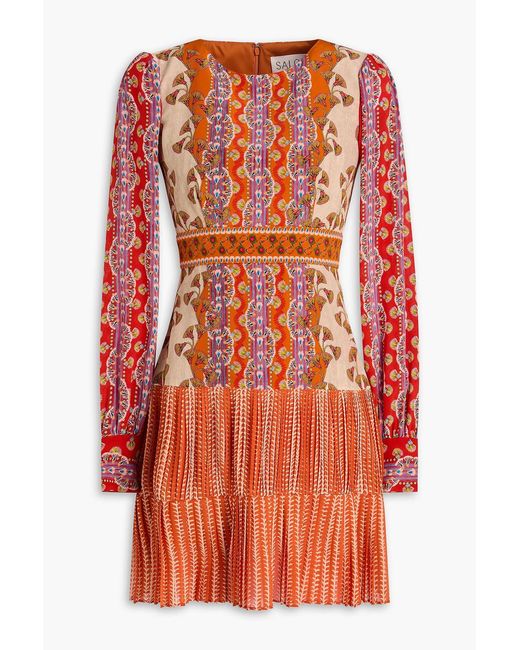 Saloni Orange Printed Silk Crepe De Chine Mini Dress
