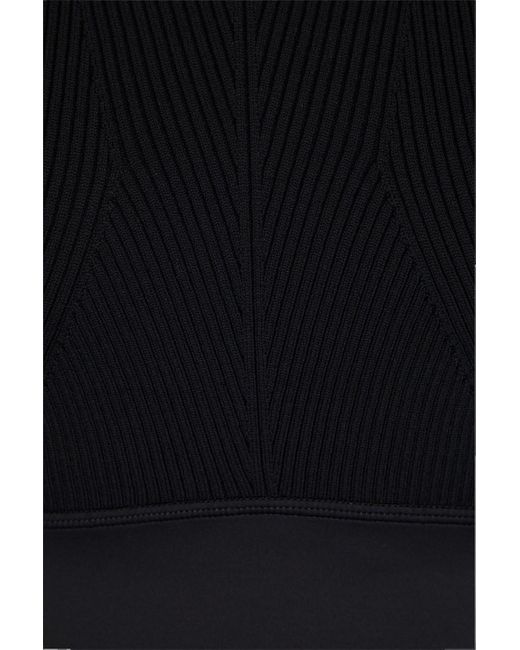 Adidas By Stella McCartney Black Cropped Logo-print Ribbed-knit Paneled Tech-jersey Top