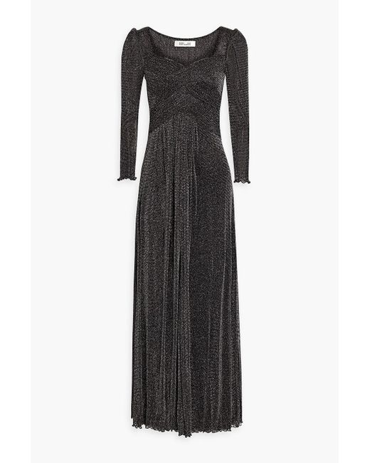 Diane von Furstenberg Black Gael Pleated Metallic Mesh Maxi Dress