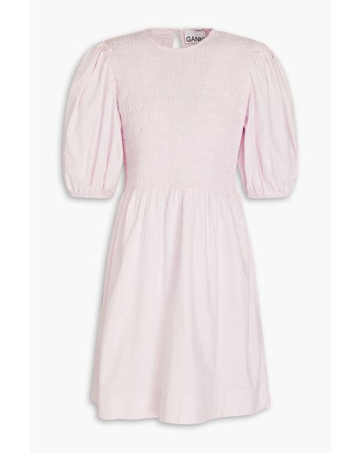 Ganni Pink Shirred Cotton-poplin Mini Dress