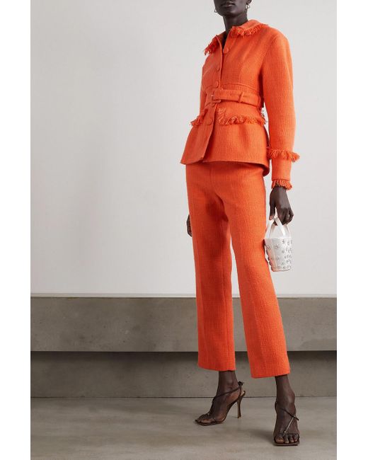 Huishan Zhang Orange Renee Belted Fringed Tweed Jacket